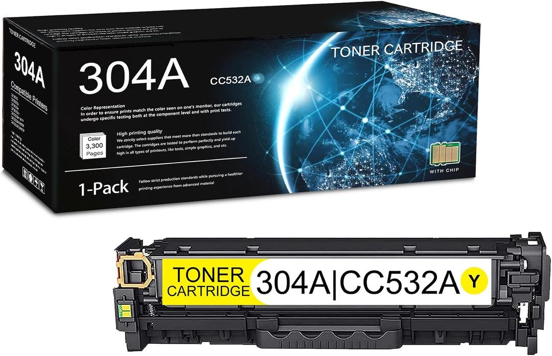 1 Pack 304A Yellow Toner Cartridge (with Chip) | Replacement for HP 304A Work with CP2025 CP2025x CP2025n CP2025dn CM2320n MFP CM2320nf MFP CM2320fxi MFP | CC532A