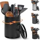 Nigelia Extra Large Kitchen Utensil Holder, 360 Rotating Stainless Steel Cooking Utensil Holder for Countertop, 3 Compartment Flatware Organizer & Cooking Caddy with Removable Base,Black