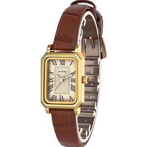 LEO RING Elegant Vintage Women's Watch Two-Tone with Roman Numerals, Mother of Pearl Dial and Brown Leather Strap Dainty Quartz Watch Includes Tool (Coffe Gold Brown)