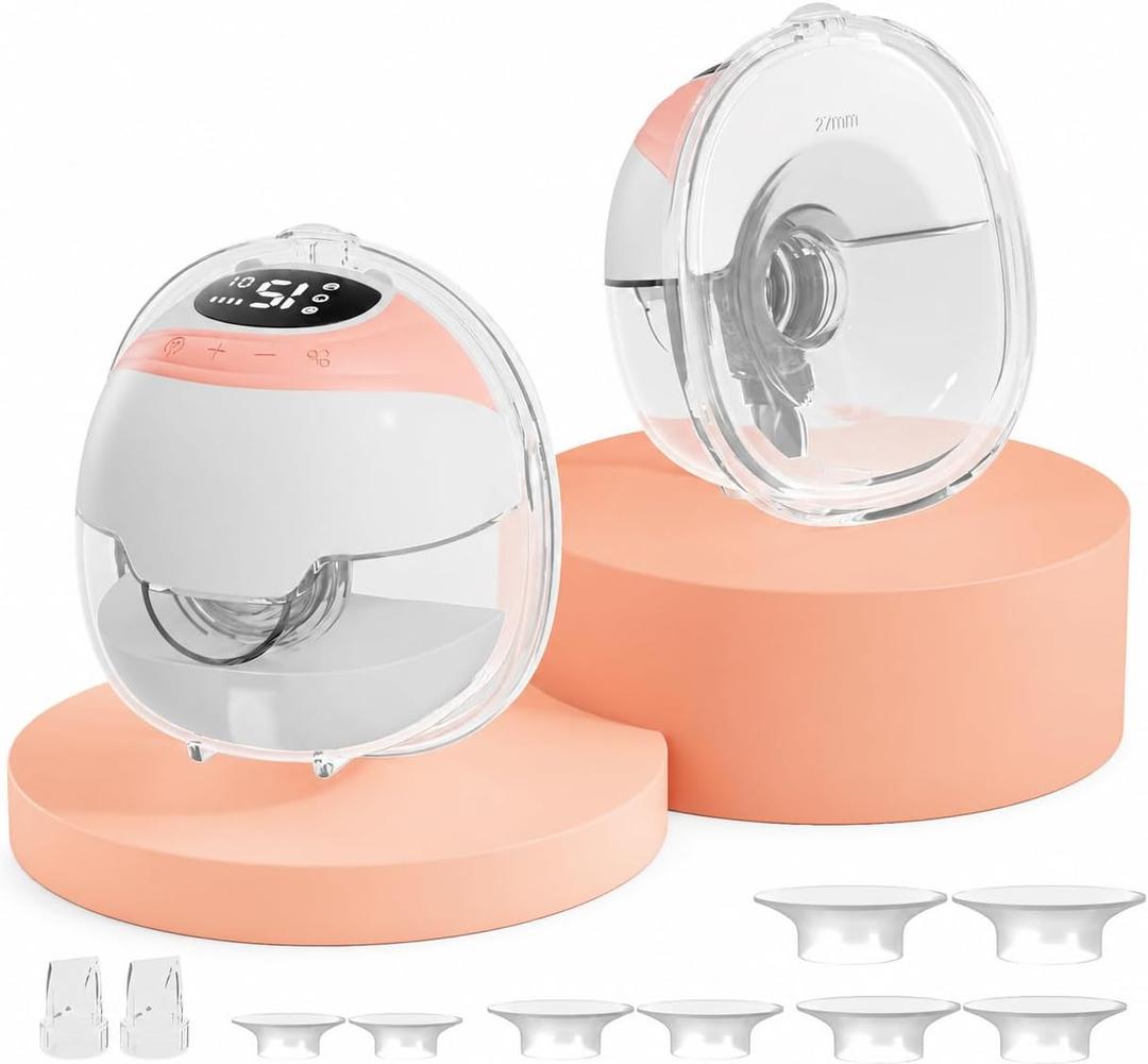 Wearable Electric Breast Pump 2-Pack, 320mmHg, 3 Modes, 15 Levels, Pink
