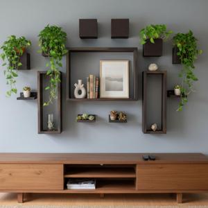 LaLaGreen Wall Planters for Indoor Plants (13-Piece Set) Small Wall-Mounted Vertical Plant Holder, Large Wooden Floating Shelves Decorative Wood Display for Kitchen, Bathroom, Living Room, Home Decor