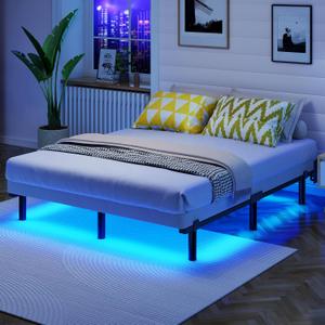 Awesofurni Full Size Bed Frame with Smart LED Lights, 7 Inch Basics Metal Bed Frame, Heavy Duty 9-Leg Base for Box Spring and Mattress, Noise-Free, Easy Assembly, Black
