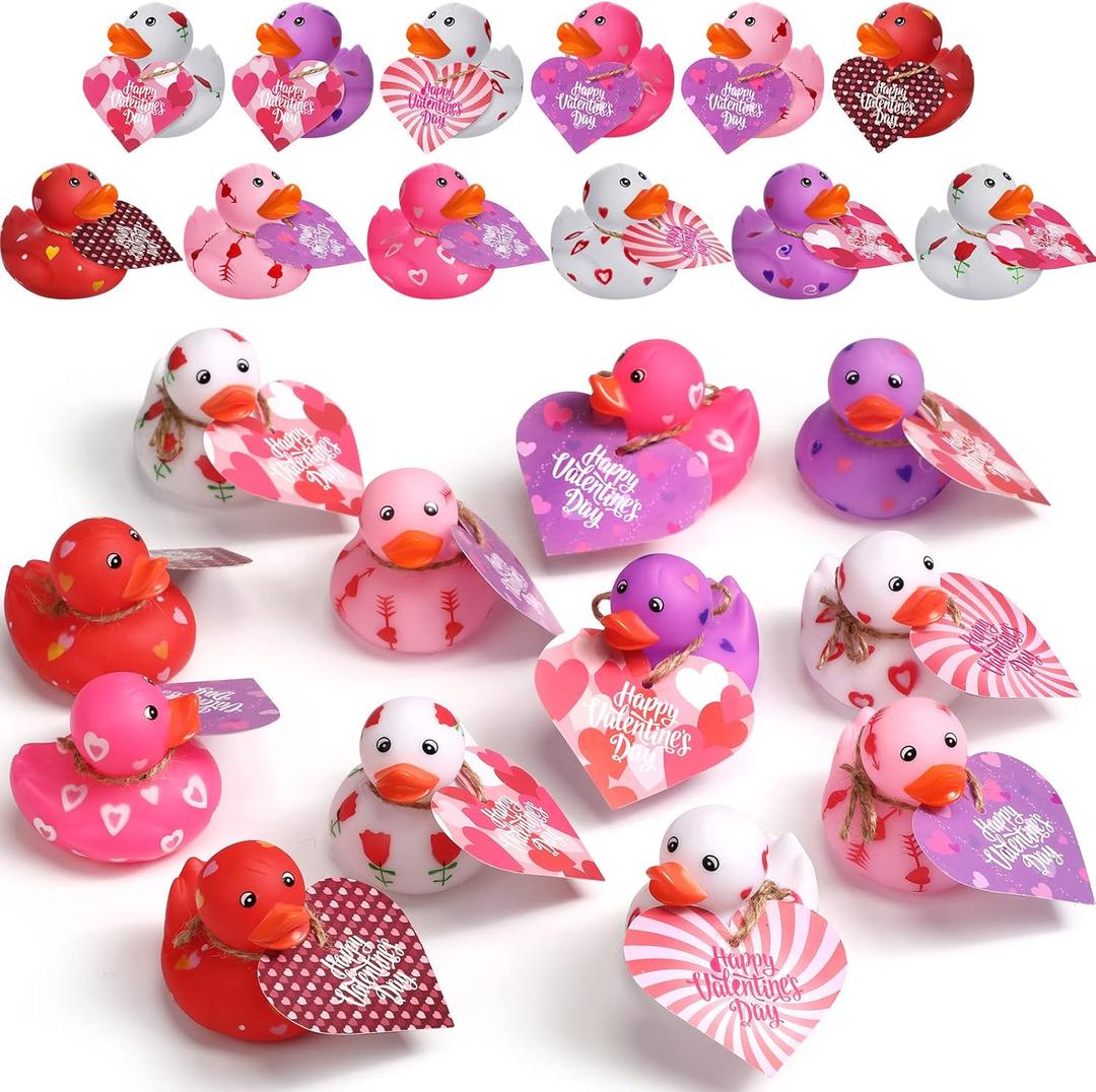 Jerify 48 Pcs 2 Inch Valentines Ducks for Kids Classroom Exchange Gifts Valentine's Day Rubber Ducks with Gifts Cards Mini Heart Rubber Duckies Valentines Party Favors Toys, 6 Styles (Pastel)