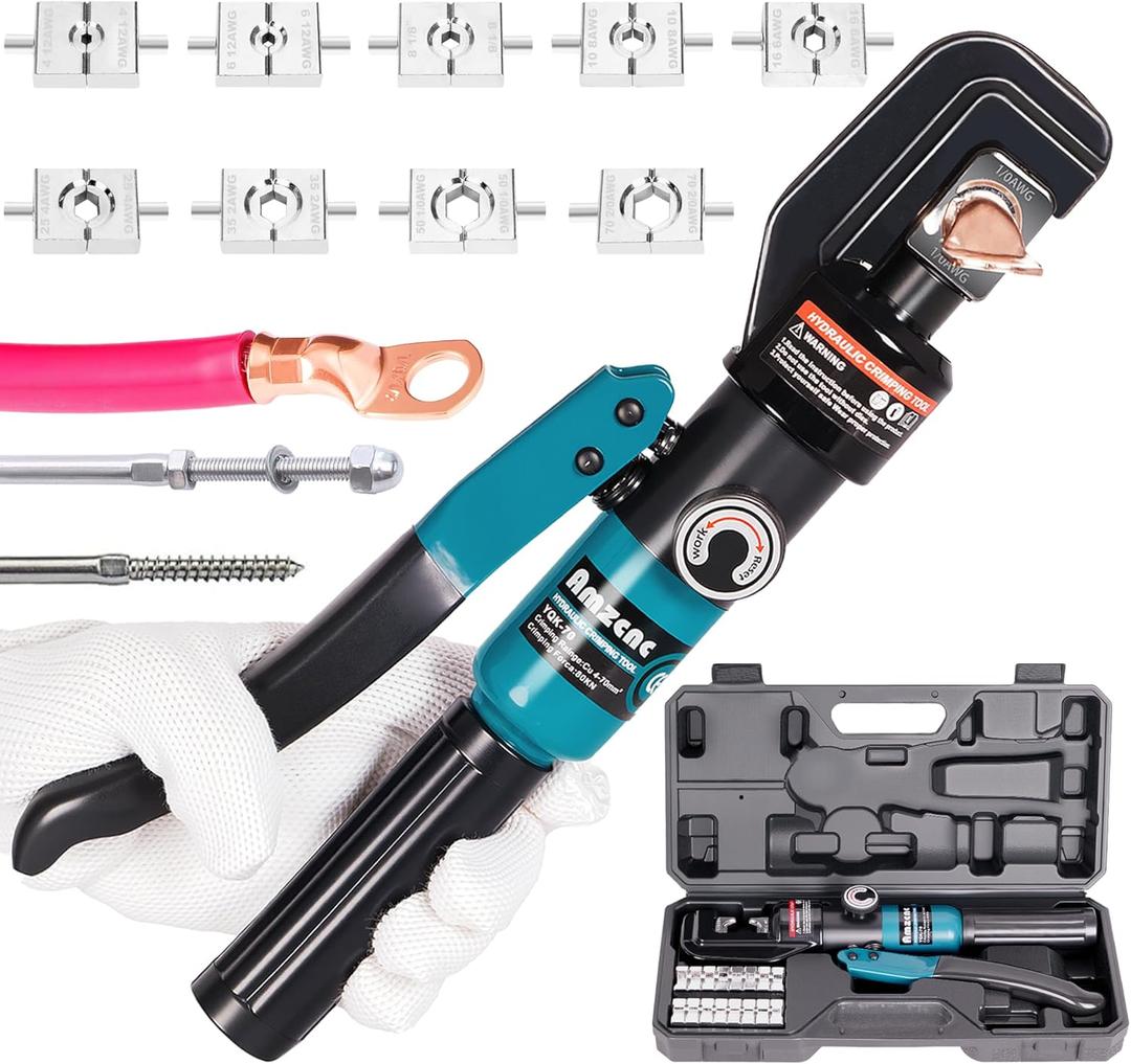 10 Ton Hydraulic Battery Cable Crimper Single-Hand Return, 9 Hex Dies for 12-2/0 AWG, 180 Rotating Head, Pro Terminal Tool for Car/RV/Marine Power