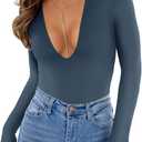 REORIA Womens Sexy Casual One Piece Bodysuit Jumpsuit Y2k Fashion Deep V Neck Long Sleeve Bodycon Tops Star Blue, Small