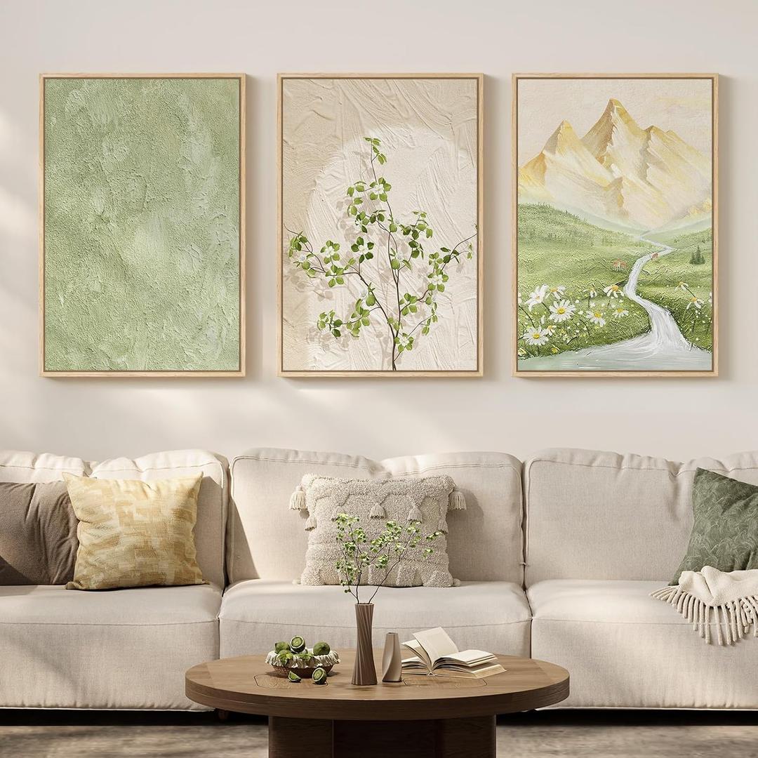 Framed Sage Green Landscape 3 Piece Wall Art for Living Room, Neutral Beige Mountain Botanical Print Canvas Artwork for Walls, Modern Nordic Rustic Nature Wall Decor for Bedroom Home Office, 16x24 In, 16" W x 24" H x 3Pcs