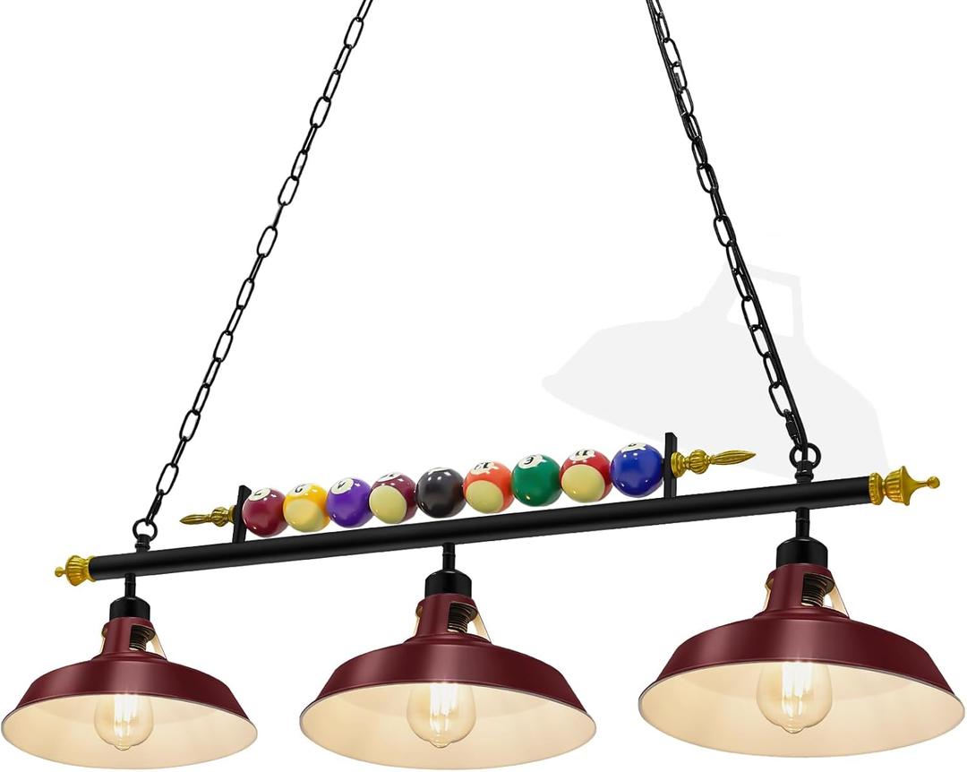 Rossesay Adjustable Pool Table Lights for 7'-8' Billiard Light Hanging Pool Table Fixture Lighting Pendant Lamp with Metal Shades for Game Rooms (Bulb Not Included)(Burgundy Red,3 Lights)