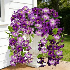 Artificial Hanging Flowers for Outdoors Decoration, 2 Bundles Outdoor Flowers UV Resistant Silk Morning Glory Fake Flowers for Front Porch Garden Window Box Outside Indoor Decor (Mixed Colors 1) (Deep Purple, Light Purple)
