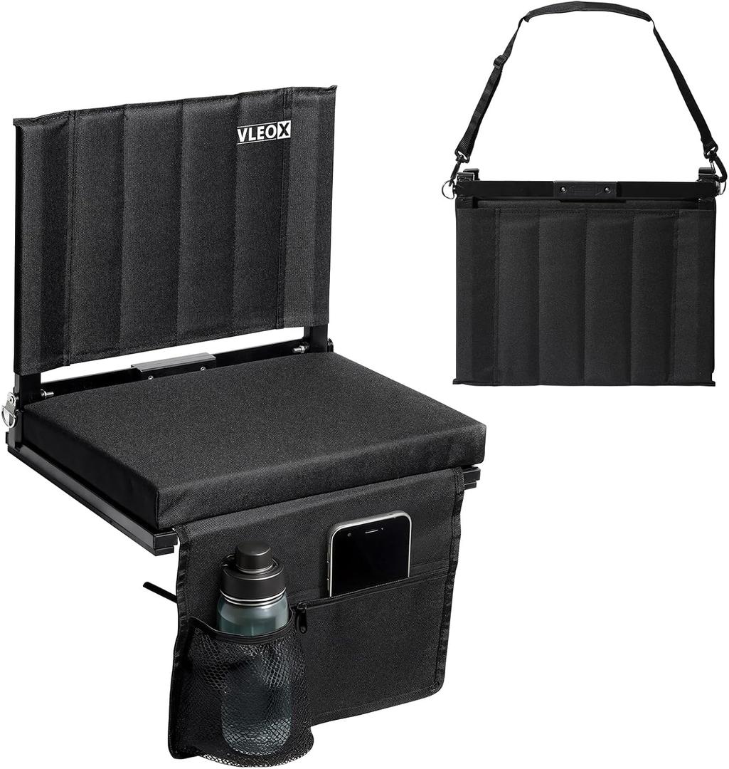 Stadium Seats for Bleachers with Back Support, Portable Bleacher Seats with Backs and Cushion Wide, Comfy Padded Cushion Stadium Seat Chair with Hooks, Shoulder Strap, Carry Handle, Cup Holder (Black)
