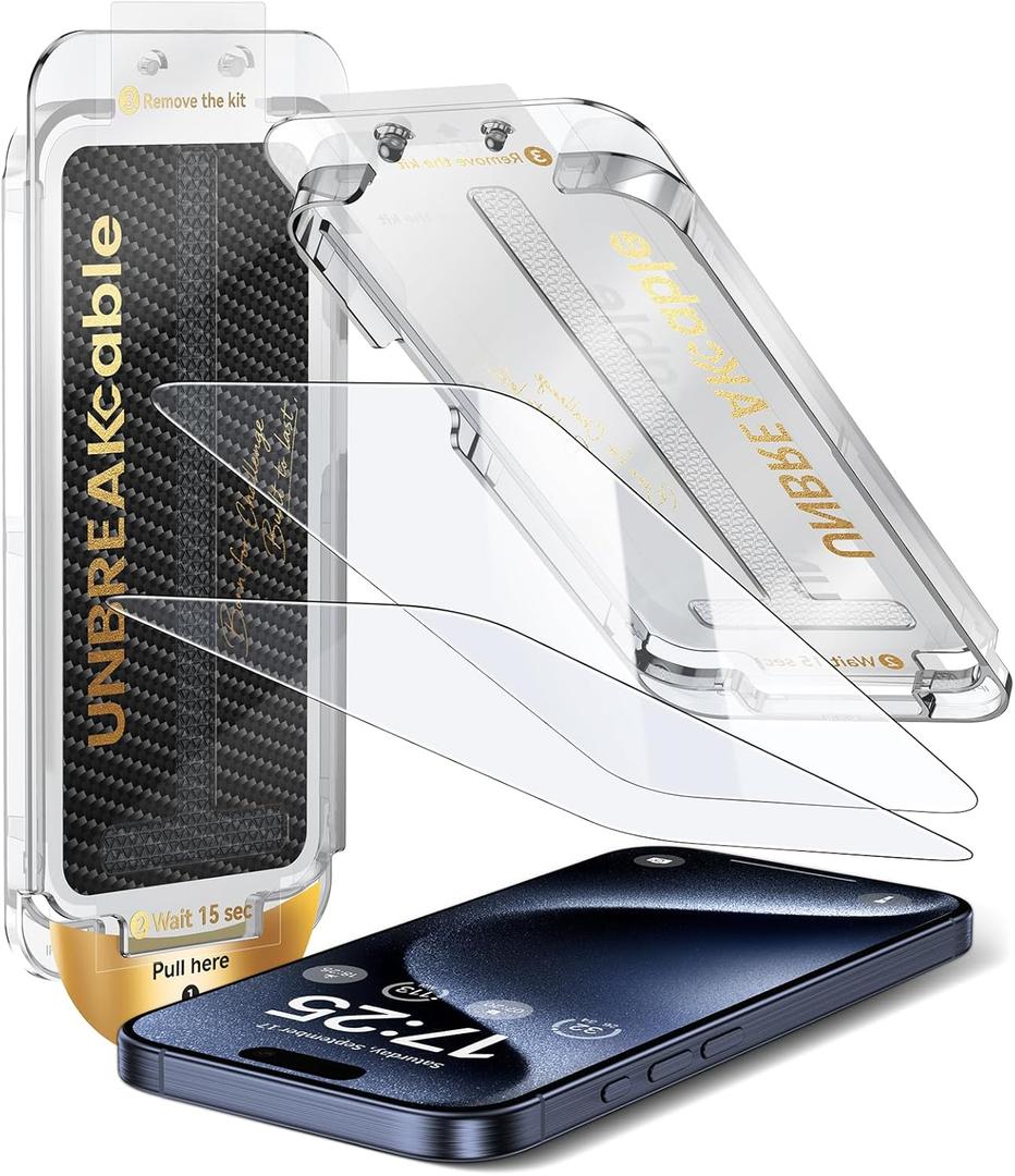 2 x UNBREAKcable Screen Protector for iPhone 15 Pro Max, Pull-To-Protect Easy Installation, Auto Dust-Elimination, 9H+ Military-Grade Tempered Glass, Bubble-Free, Case Friendly, HD Clear, 6.7 Inch, 2 Pack