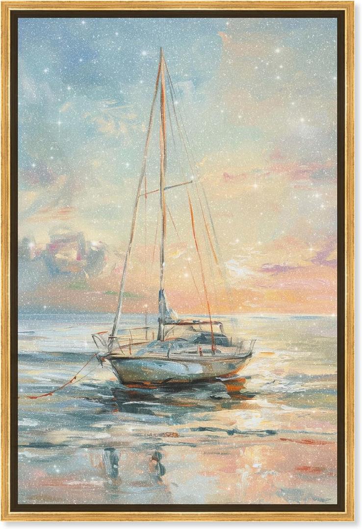 Boat On The Shore Framed Sailing 1 Piece Canvas Wall Art, 11.5" x 16.5", Gold Frame (16.5L" x 11.5W")