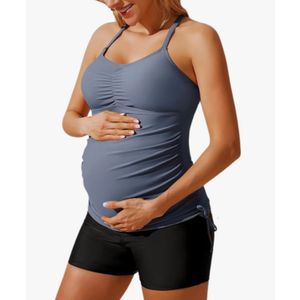 Maacie Maternity Athletic Tankini Swimsuits Two Piece Floral Print Ruched Tops with Shorts 