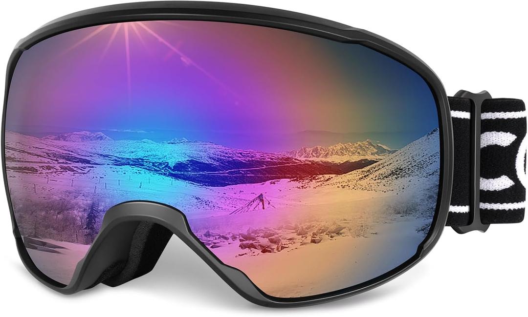 COOLOO Ski Goggles, OTG Snow Goggles for Adult Men Women Youth, Snowboard Goggles Over Glasses, Anti-fog, UV Protection (A04-black Frame Revo Colorful Lens(vlt 8%))