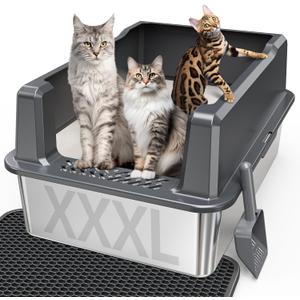 Extra Large XXL Stainless Steel Cat Litter Box with Lid, 26" L x 18" W x 12" H Metal Litter Box with Hight Sides for Big Cats & Multiple Cats, Never Absorbs Odors, Anti-Urine Leakage, Easy Cleaning