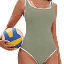 Blooming Jelly Womens One Piece Swimsuit Sporty Tummy Control Bathing Suit Ribbed Slimming Cute Flattering High Cut Swimwear (Medium, Pea Green)