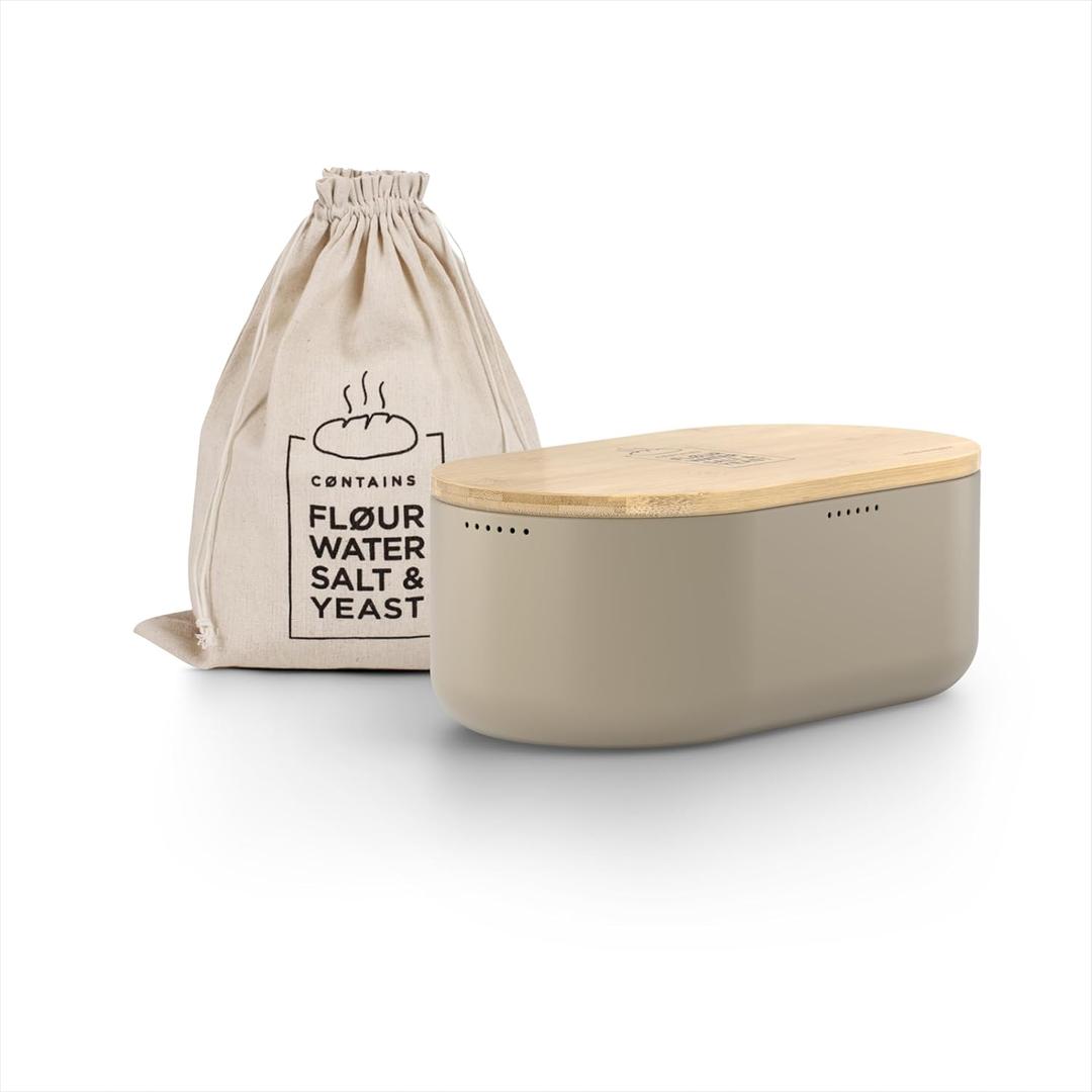 LARS NYSM Bread Box I Metal Box with linen bag for long lasting freshness I Bread Bin with bamboo lid usable as cutting board I 14.2x7.5x5.1 In (Taupe Brown)