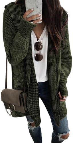 Sidefeel Women's Cardigan Sweaters Hooded Oversized Open Front Chunky Knit Plaid Sweater Coat Fall Fashion Tops M
