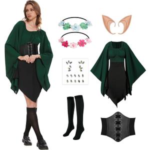 6Pcs Women Elf Costume Renaissance Traditional Irish Fairy Dress With Elf Accessories Set for Halloween Cosplay (Small)