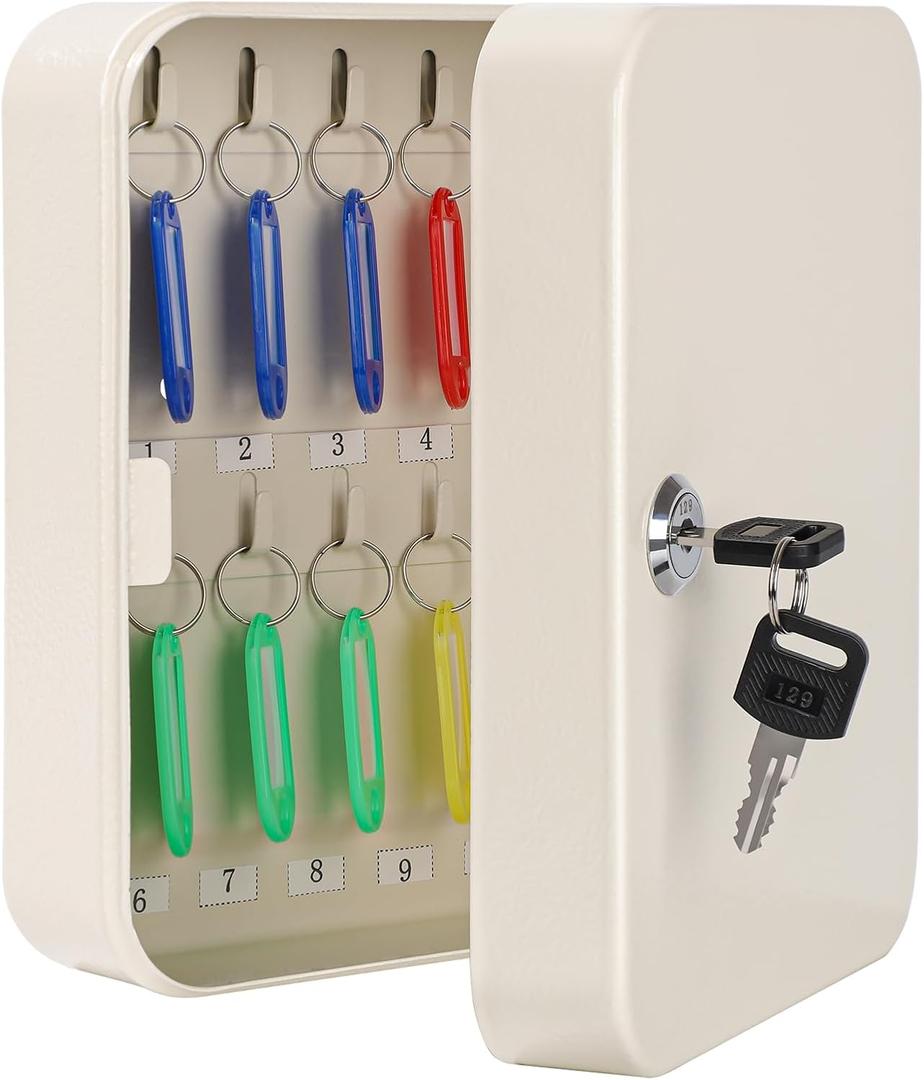 KYODOLED Key Cabinet Wall Mount, Locking Key Organizer, Key Storage Lock Box with Key, Key Management with 20 Key Hooks & Tags Key Labels, 7.87" x 6.29" x 3.14" (Beige, 20 Key)