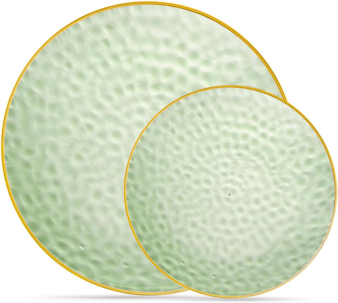 PLASTICPRO 32 Piece Combo Plates Set includes 16-7'' inch Plate & 16-10'' inch Plates Green Hammered Plastic Party Dish Premium ST patricks day Party Dishes