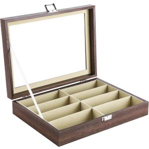 8 Slot Sunglasses Organizer, Leather Multi Eyeglasses Storage Box for Women Men with Clear Glass Cover, Glasses Holder with 8 Slots for Glasses Watches Jewelry, Brown