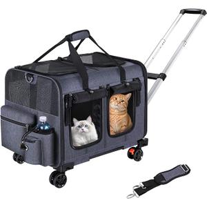 Cat Carrier for 2 Cats,Cat Carrier with Wheels for Cats and Dogs, Foldable Double Pet Carrier, Rolling Dog Carrier with Detachable Wheels and Telescopic Handle,2 Front Zippered Compartments Gray (22"L x 14.5"W x 14.5"H)