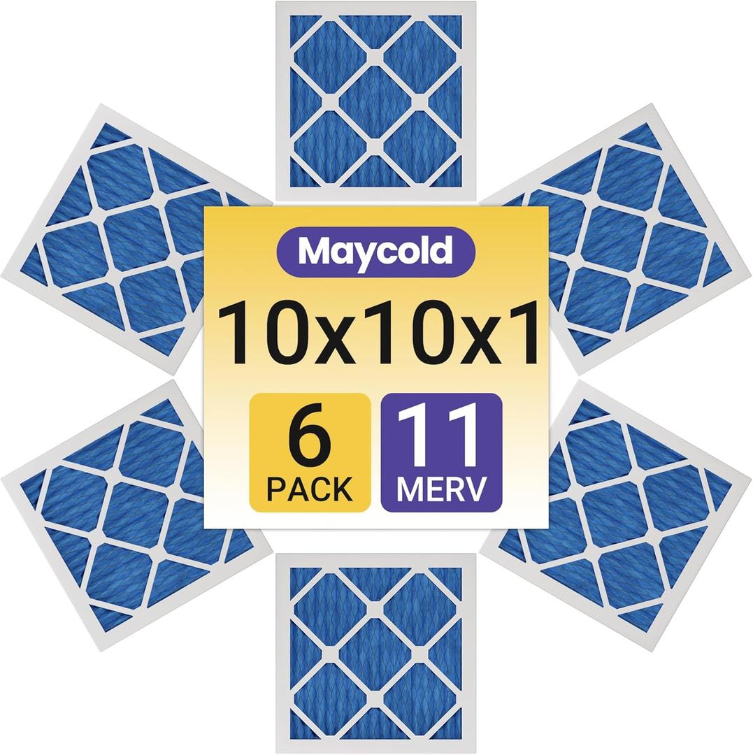 Maycold 10x10x1 MERV 11 Furnace Air Filter (6-Pack), High-Performance HVAC AC Filters for Home Use, Actual Size: 9.70 x 9.70 x 0.75, Individually Wrapped in Plastic