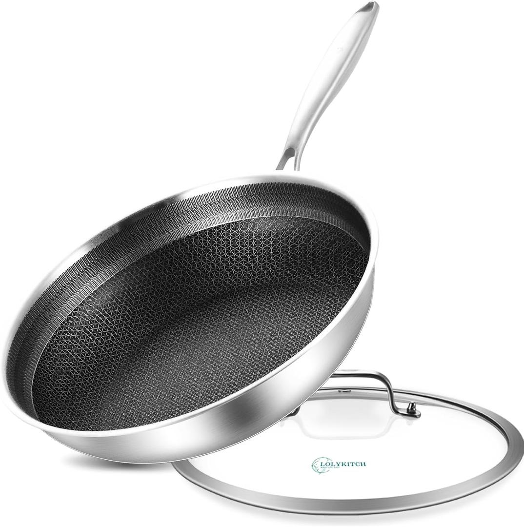 LOLYKITCH 10 In Hybrid Nonstick Stainless Steel Saut Pan with Lid,Deep Frying Pan,Skillet,Induction Pan,Heavy Duty and Oven Safe,Detachable Handle.