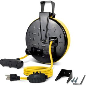 30 Ft Retractable Extension Cord Reel, 16/3 SJTW Power Cord with 3 Electrical Outlets and 10 Amp Circuit Breaker, Ceiling or Wall Mount, Metal Plate, UL Listed, Yellow