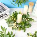 4 Pcs Green Eucalyptus Candle Rings Wreaths Spring Summer Kitchen Cabinet Wreaths Mini Green Berry Leaves Candle Wreath for Pillars Farmhouse Festival Wedding Celebrations Tabletop Decoration