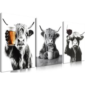 Funny Highland Cow Canvas Wall Art Set of 3, Black and White Cow Wall Decor Paintings, Farm Animal Poster Pictures Prints Vintage Rustic Farmhouse Home Decor for Bar Kitchen Dining Room 16x24 Inch