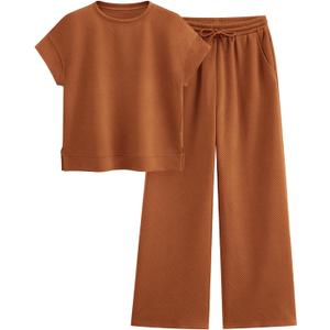 PRETTYGARDEN 2 Piece Outfits For Women Casual Tracksuit Short Sleeve Tops And Wide Leg Long Pants Matching Lounge Sets (L)