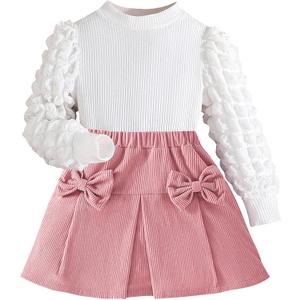 Toddler Girls Clothes Sets: Puff Sleeve Tops Plaid Mini Skirts Skirt Set 2 Piece Fall Winter Outfits 2-8 Years (Pink)