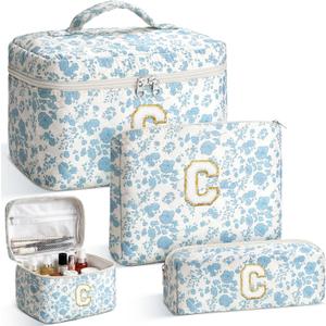 2PCS Personalized Initial Makeup Bag for Women, Birthday Gifts for Girl, Travel Toiletry Bag MakeupBag Quilted Cosmetic Bag Floral Cotton Make up Bags for Girls and Women Christmas Gift C