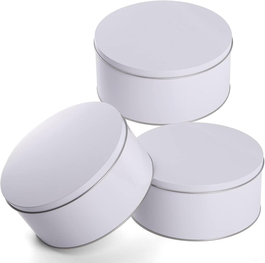 Yopay 3 Pack Cookie Tin with Lid, Round Sturdy Gift Tin, White Baking Cake Container for Storing Patisseries, Snack, Chocolate, Easter, Special Occasion, Holidays, 7" Wide by 3.2" Tall, 7 inches diameter by 3.2 inches tall