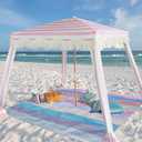 AMMSUN Beach Cabana with Fringe, 7' x 7' Boho Canopy, Stripes Pink