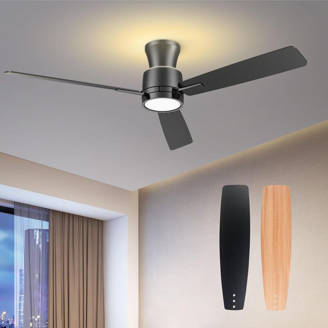ocioc Ceiling Fans with Lights and Remote,52 inch Black Low Profile Ceiling Fan with Light,Flush Mount,Reversible DC Motor,Dimmable,Noiseless,Modern Ceiling Fan for Bedroom Living Room Patio