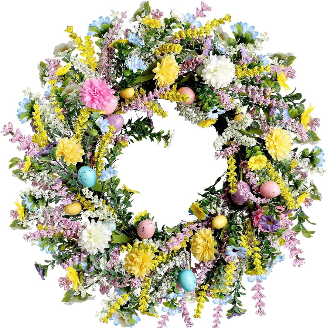 20 Inch Easter Wreath for Front Door Spring Wreath Easter Egg Wreath with Colorful Eggs Hydrangea Daisies Eucalyptus Leaves for Easter Decorations Holiday Wall Home Window Decor (Purple, Large)
