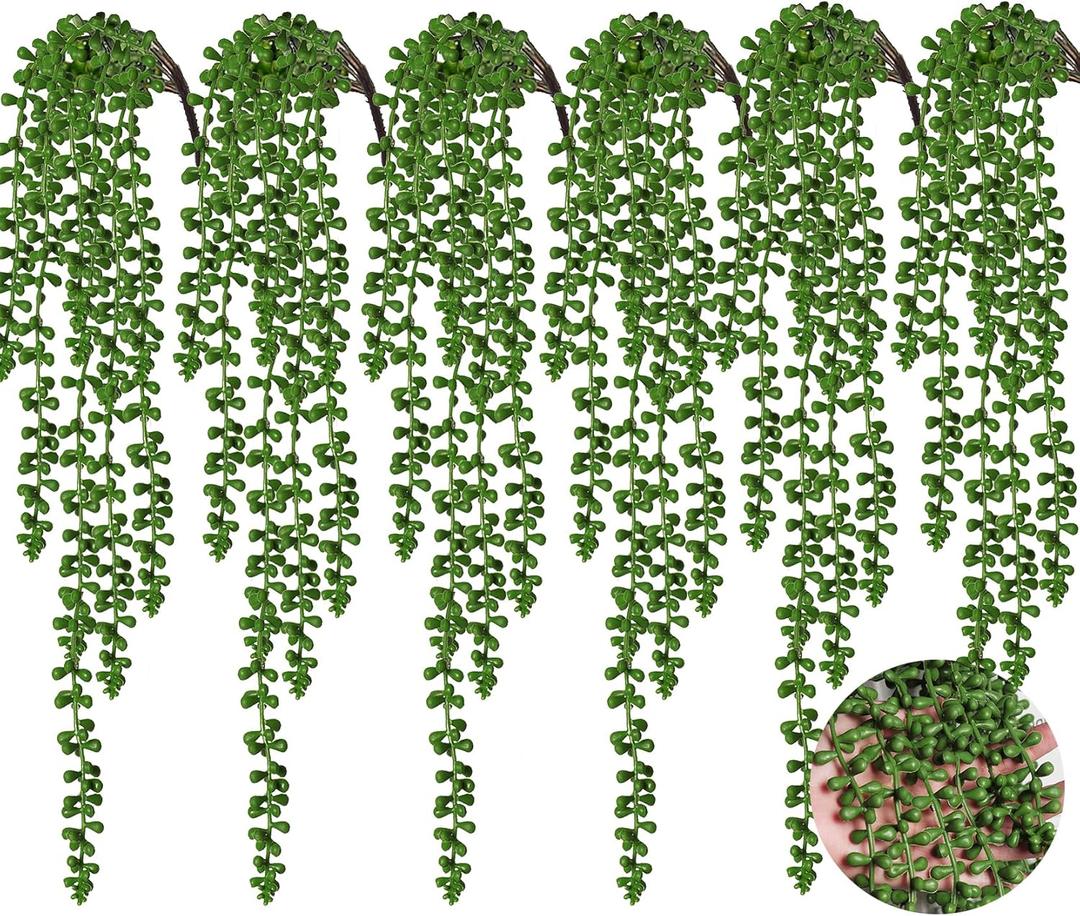 RECUTMS 6pcs Artificial Succulents Hanging Plants Fake Hanging String of Pearls Plant Faux Greenery Wall Plants for Spring Indoor Outdoor Home Bedroom Patio Garden Easter Decor