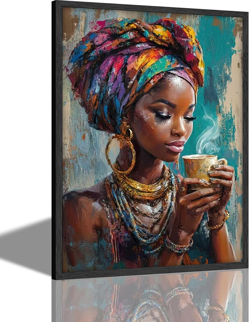 Framed Black Woman Canvas Wall Art, African American Wall Decor, Fashion Modern Abstract Painting Picture, Coffee Girl Poster Print Artwork for Living Room Bedroom Home Decoration