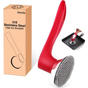 Cast Iron Cleaner Scrubber with Long Handle - Welded Fine Chain Mail Cast Iron Scrubber Brush-Chainmail Sponge Scrub Cleaning Tool to Clean Skillets, Pan,Griddle, Wok, Dutch Oven (Burgundy)