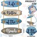 Wooden Surfboard Beach Decor Sign Beach Bathroom Decor Sign Summer Blue Nautical Coastal Wall Art with Seashells Starfish Rope Hanger Ocean Theme Hanging Ornament for Living Room Bedroom