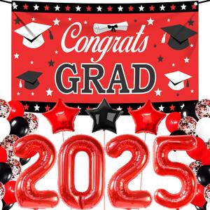 KatchOn, Red and Black Graduation Decorations 2025 Set - Pack of 40 | Red 2025 Balloons, Congrats Grad Banner | Grad Decorations Class of 2025 | Graduation Decorations 2025