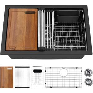 Davivy 27 Inch Black Granite Kitchen Sink Workstation, 27 x 18 Black Undermount/Drop In Kitchen Sink, Deep Quartz Composite Single Bowl with Accessories