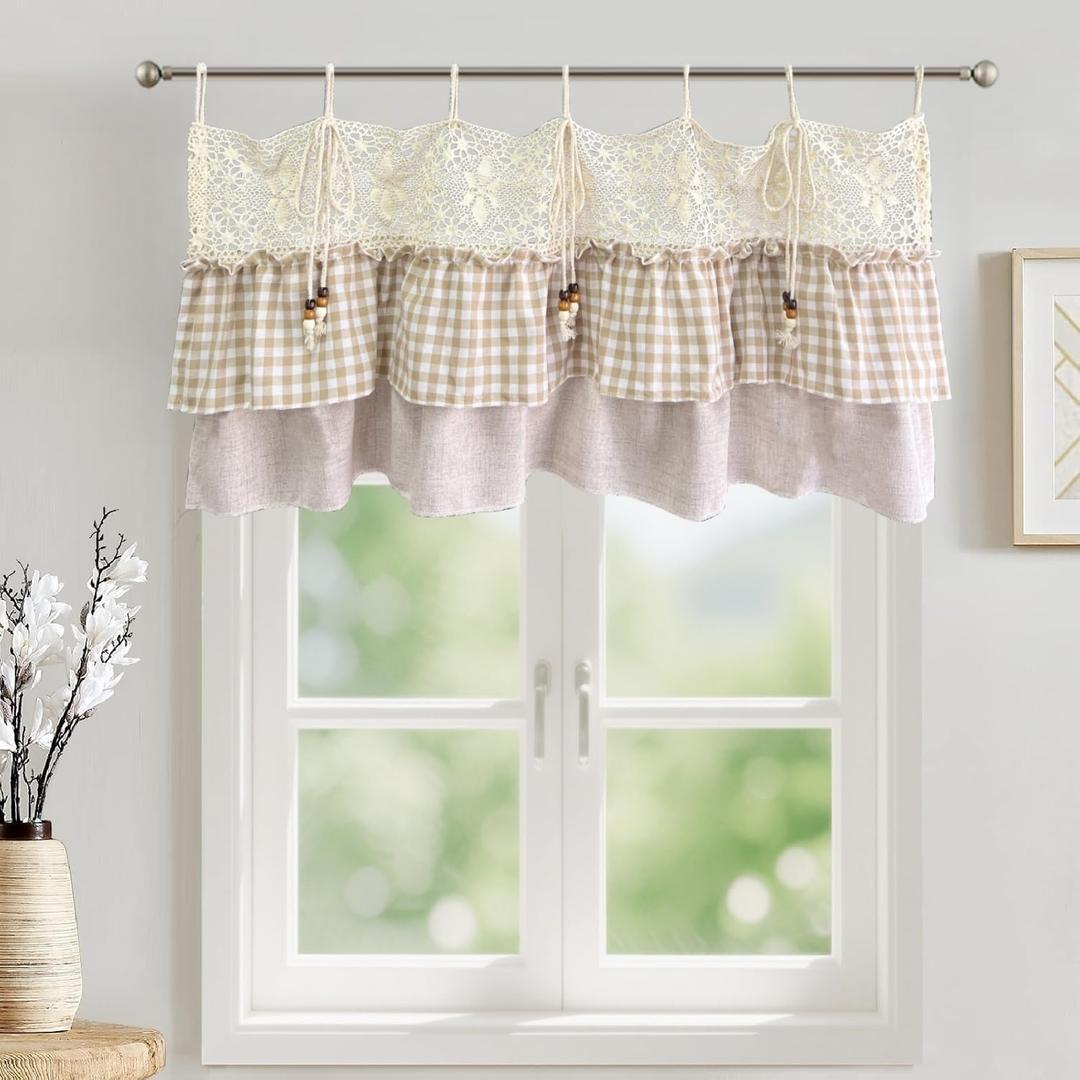 Gxi Tie Top Gingham Kitchen Curtain Check Ruffle Valance Rod Pocket Classic Vintage Beige Farmhouse Short Curtain Linen Valances for Small Windows, 1 Panel W59 x L20 inch