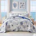 Qucover Coastal Quilt Sets King Size 106x98in, Reversible Microfiber Quilts with 2 Shams Soft Lightweight Beach Bedding Bedspread Coverlet Summer Comforter Set for All Season, Navy Blue