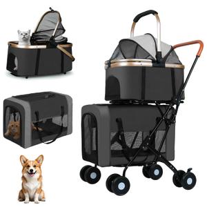 Double Pet Stroller for Dogs and Cats: Dog Stroller Foldable Travel Carriage with Detachable Carriers, Safety Belts, and 4 Lockable Wheels for Small to Medium Pets Ideal for Multi-Pet Homes (Black)