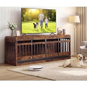 Homiflex 72" Double Dog Crate Furniture, Dog Crates for 2 Medium Dogs | Dog Cage TV Stand Side Table Wooden Indoor Dog Kennel with Removable Divider & Pull-Out Tray, Rustic Brown