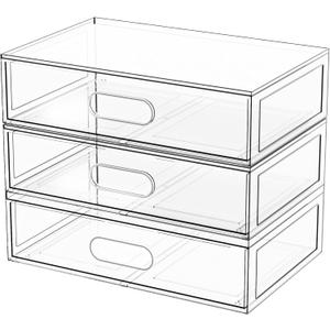 Clear Stackable Makeup Organizer with Drawer, 12''W Acrylic Storage Drawers, Cosmetic Display Case for Vanity Bathroom Countertop, Beauty Holder for Lipstick Brush Skincare Perfume (3 Tier)