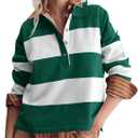 Saodimallsu Womens Striped Collared Sweaters Color Block Polo V Neck Shirts Button Long Sleeve Loose Knit Pullover Tops (Medium, Green)
